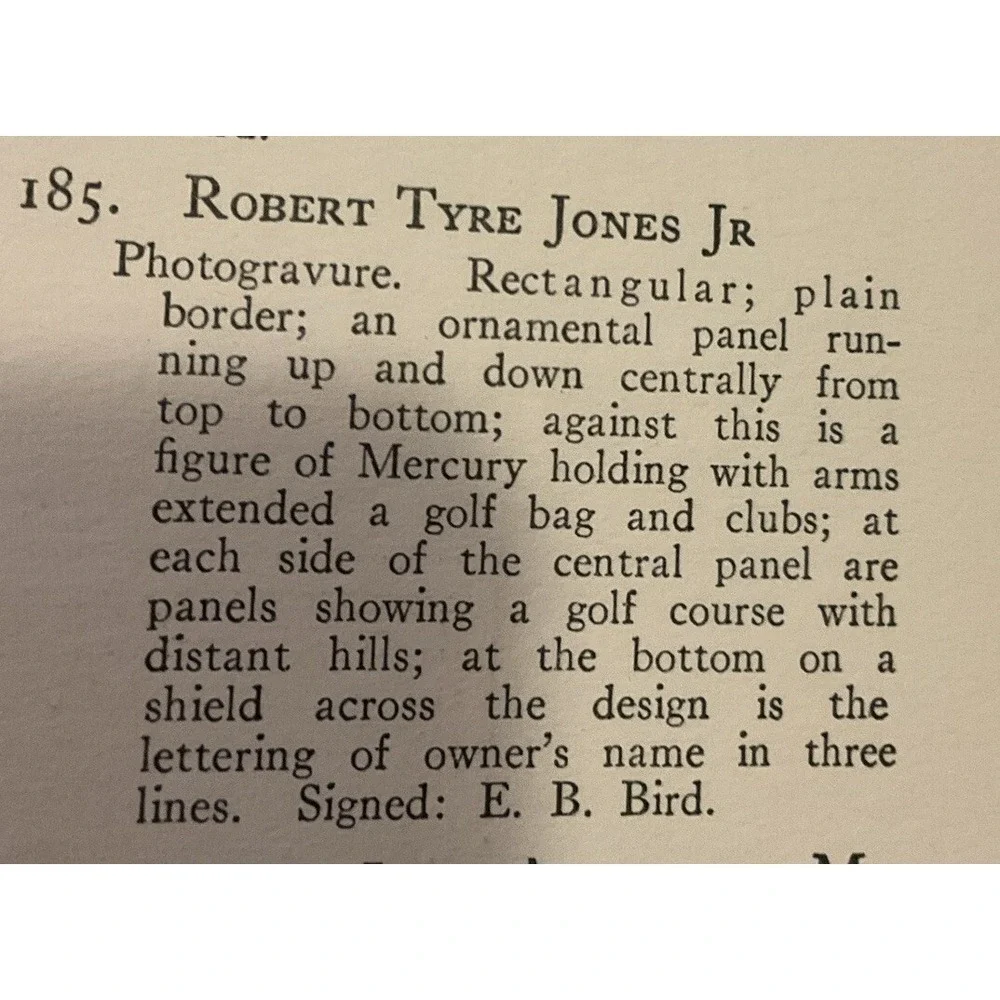 Robert Tyre Jones Jr Bobby Jones Bookplate Photogravure E B Bird 1954 Ex‎ Libris